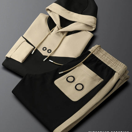 Contrast color splicing hooded sweatshirt suit for men autumn long-sleeved casual sports two-piece thick style PlatiNum