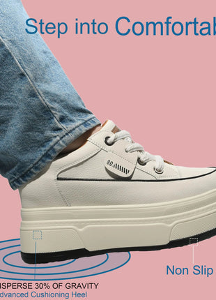 Fujin 9cm 3 inch comfortable platform sneakers for women Genuine Leather Women Vulcanized Shoes Platform High Heels Casual Shoes PlatiNum
