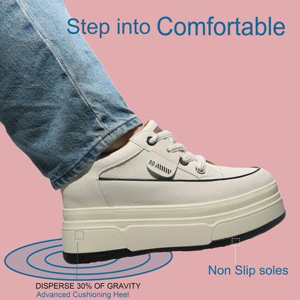Fujin 9cm 3 inch comfortable platform sneakers for women Genuine Leather Women Vulcanized Shoes Platform High Heels Casual Shoes PlatiNum