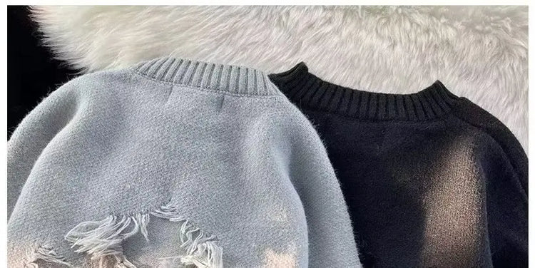 2026 Street Style Broken Holes Sweaters for Men Autumn Winter Thick Knitted O Neck Pullovers Vintage Casual Couple Sweater Coats