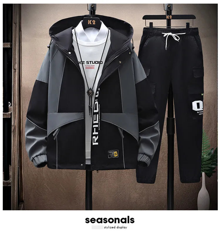 Men's Sets Sportswear Suit Hooded Colorblock Casual patchwork Hooded Jacket + Pants Suit Men's 2-piece Jogger Sweatshirt