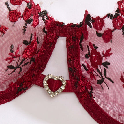 Ladies' Wine Red Heart-Shaped Design Embroidered Semi Transparent Comfortable Breathable Underwear Set, Suitable ZA825026