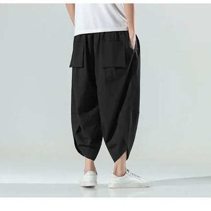 Pantaloncini Estivi da Uomo Stile Cinese Harajuku, Pantaloni Harem Oversize, Pantaloni Vintage Traspiranti a Tinta Unita, Lunghezza al Polpaccio