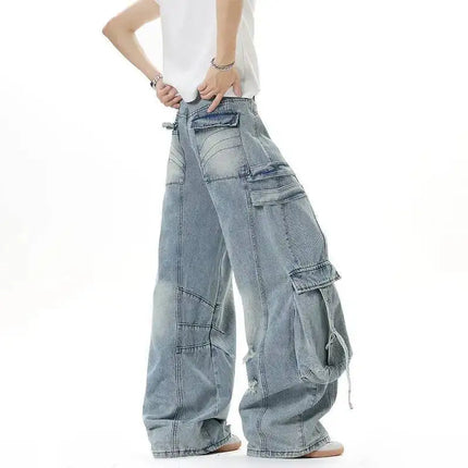 IEFB Jeans da uomo stile americano tinta unita multi tasche pantaloni casual usurati decostruzione pantaloni in denim a gamba larga 9W4066