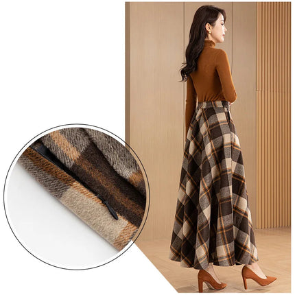 New Women Woolen Plaid Skirt Autumn Winter Fashion Elastic High Waist A-Line Wool Blended Long Skirt Simplicity Vintage Skirt PlatiNum