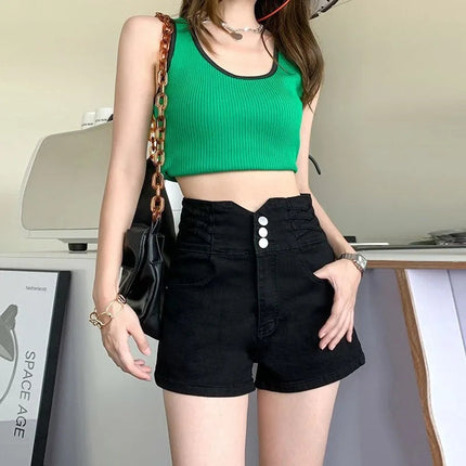 Women's super high waisted denim shorts for summer girls, new black A-line waist cinching slimming design, hot pants PlatiNum