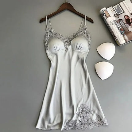 Abito da notte sexy in raso di seta da donna Camicie da notte senza maniche Camicia da notte con scollo a V Camicia da notte Indumenti da notte in pizzo Indumenti da notte per le donne Top da notte