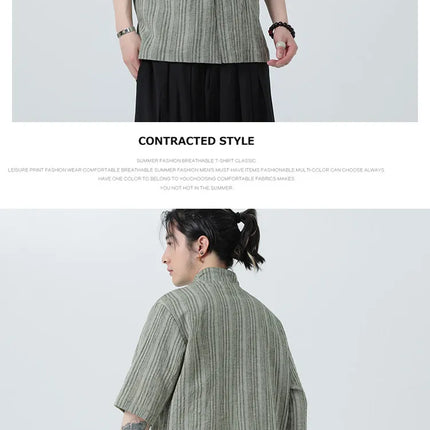 Camicie a Righe da Uomo Estive in Stile Cinese Tradizionale, Camicie Traspiranti in Lino, Abbigliamento Maschile Retrò per Kung Fu e Tai Chi, Completo Casual Tang