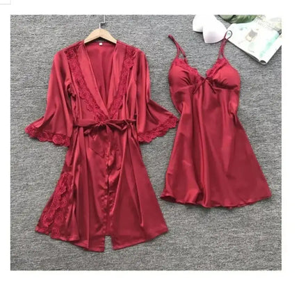 2PCS Women Lace Pajama Set Satin Home Pyjamas Lace Robe V-Neck Nightgown Bridal Silk Gown Women's Nightwear