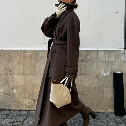 Women's Long Woolen Overcoats Stand Collar Single Breasted Lace Up Oversized Coat Autumn Winter Female Loose New Chic Outerwears