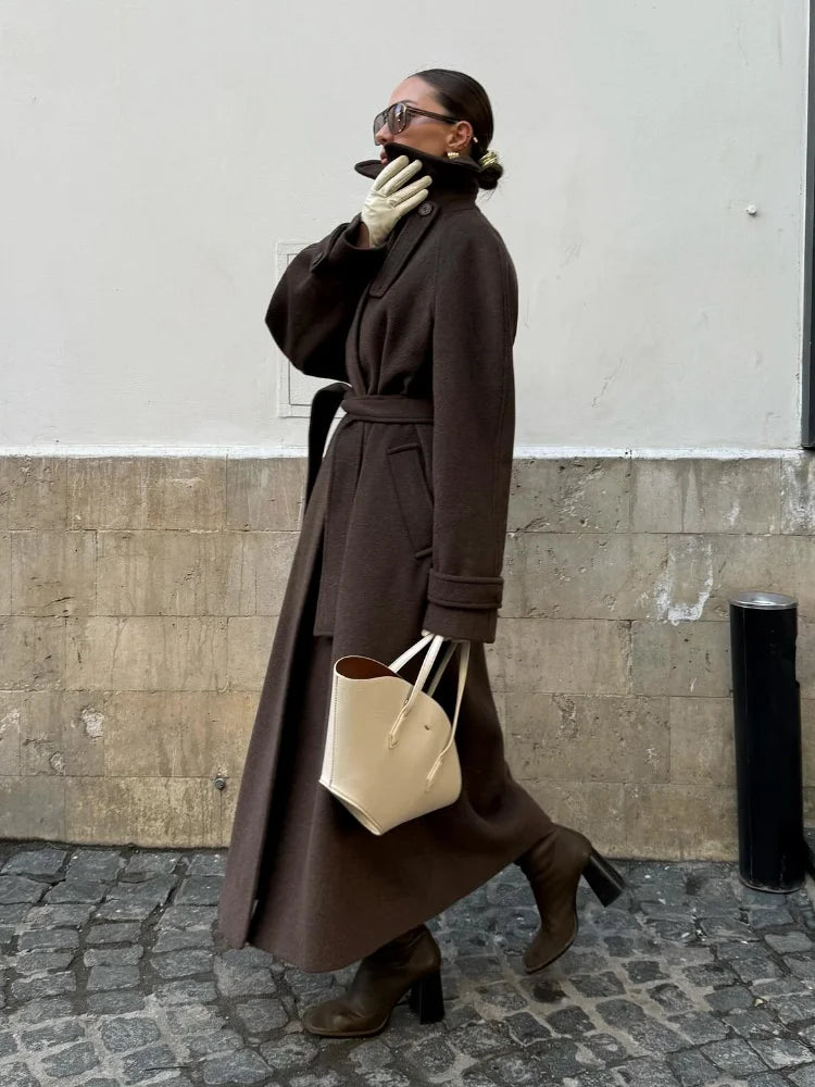 Women's Long Woolen Overcoats Stand Collar Single Breasted Lace Up Oversized Coat Autumn Winter Female Loose New Chic Outerwears