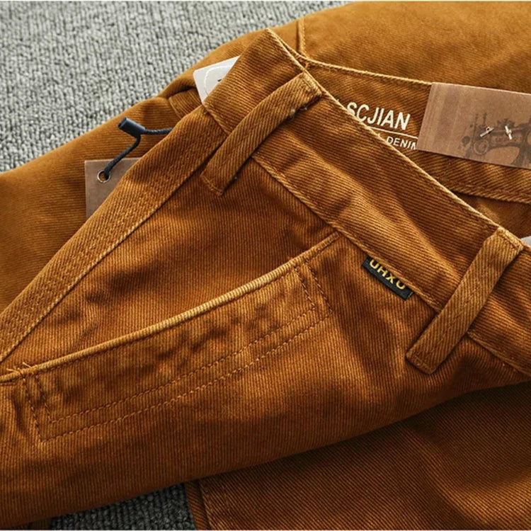 Retro heavy simple cargo pants men's loose straight leg casual pants pure cotton twill woven 3D vertical cut cone pants