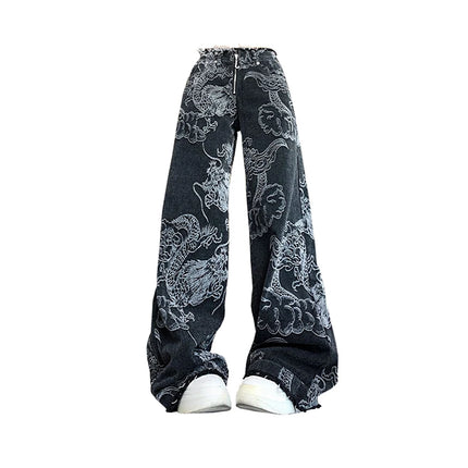 Donne Nero Gotico Drago Stampa Jeans Baggy Vintage Estetica Pantaloni Da Cowboy Harajuku Pantaloni In Denim Y2k Trashy 2000s Vestiti 2024