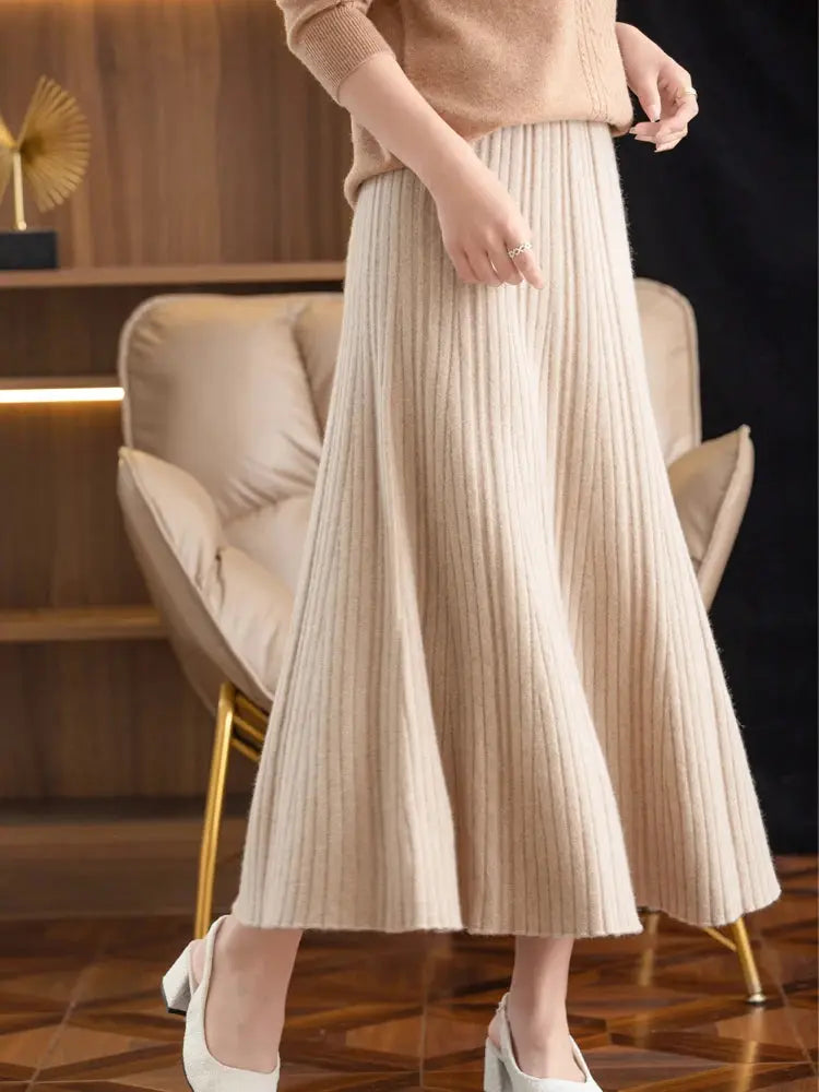 Elegant Women's Pleated Skirt 100% Merino Wool Skirt A-Line Long Skirt Soft Warm Autumn Winter Dress Slim Elastic Waist Office PlatiNum
