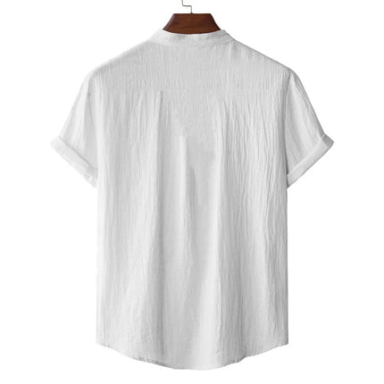Men's Summer Cotton Linen T-Shirt, Beach Style, Short Sleeve, Henley Neck, for Vacations, Casual, Lightweight, Breathable and Comfortable