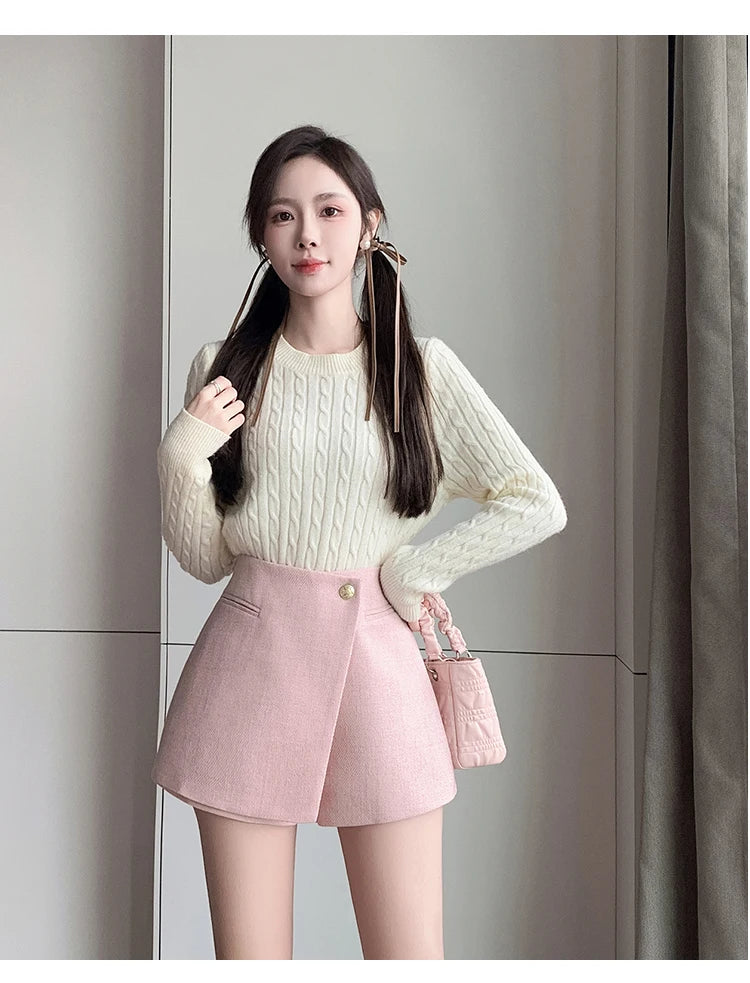 Autumn New Solid Woolen Shorts Skirt For Women 2025 New Fall Winter Small Fragrant Style Buttons Deco High Waisted Tweed Shorts