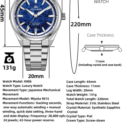 ADDIESKIN Luxury Watch Sapphire Titanium Dial 9015 Mechanical Automatic Watch Men 200m Waterproof Diving Wristwatch New K006