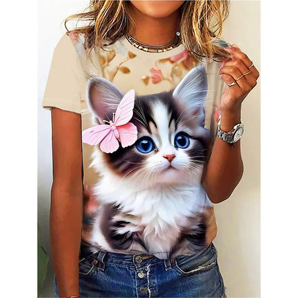 Funny Cat Model T-Shirt for Women Cute Animal 3D Printed Short Sleeve Summer Oversized T-shirt O-Neck Top Tees Streetwear