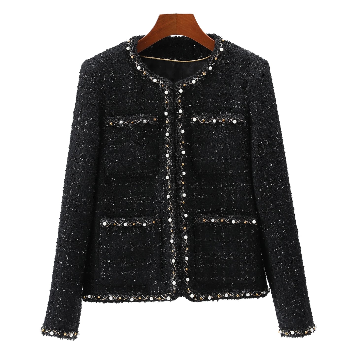 2025 new fashion round neck elegant light luxury celebrity high-end heavy industry beading temperament design tweed jacket