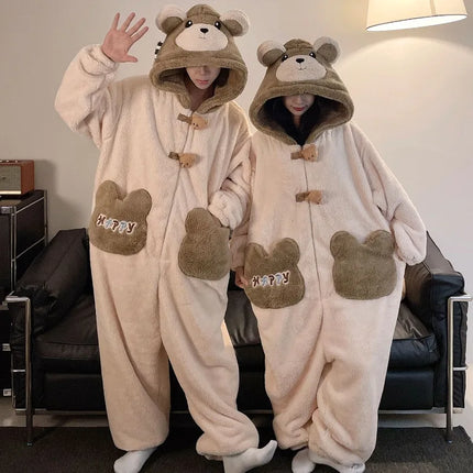 Winter Pajamas Cartoon Bear Costume Pijama Kawaii Adult Couples Kigurumis Sleepwear Jumpsuits Coral Fleece Loose Warm Homewear