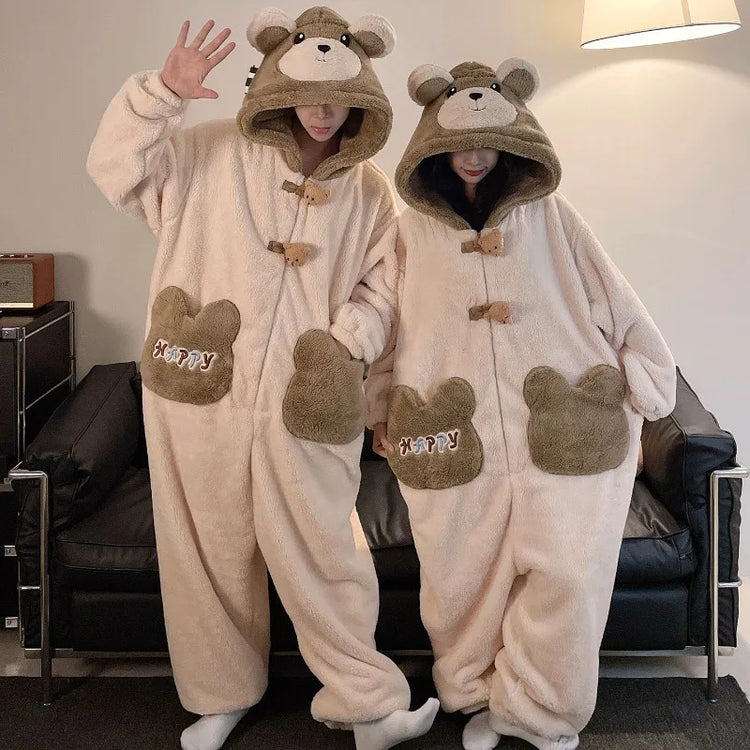Winter Pajamas Cartoon Bear Costume Pijama Kawaii Adult Couples Kigurumis Sleepwear Jumpsuits Coral Fleece Loose Warm Homewear