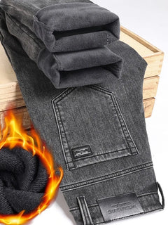 Men's Winter Stretch Fleece Jeans Thickened Warm Loose Straight Velvet Denim Trousers Classic Business Casual Black Work Pants