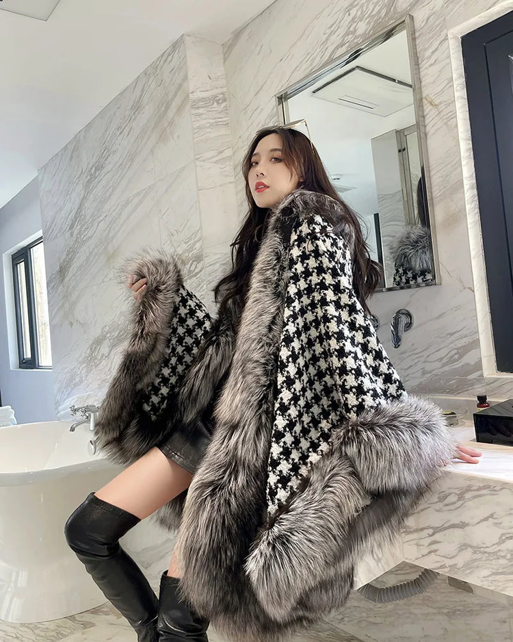 ZADORIN Autumn Winter Luxury Faux Fur Coat Women Elegant Houndstooth Tweed Warm Big Poncho Fur Shawl Cape Women Party Outerwear