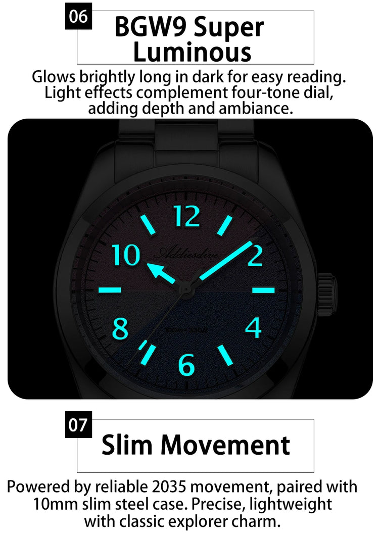 ADDIESDIVE Watch Men 2026 New 36mm Quartz Wristwatch AD2555 Sapphire 100m Waterproof BGW9 Luminous 316L Stainless Steel Watches