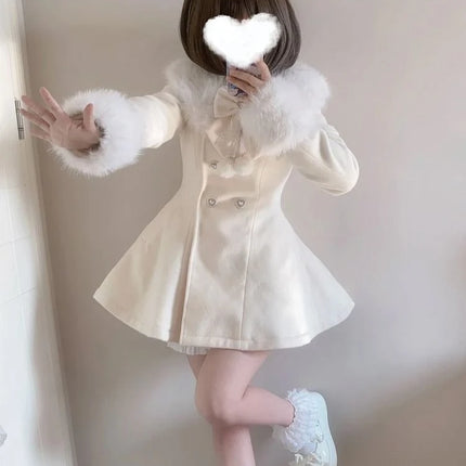 Japanese Autumn Winter Elegant Kawaii Coat Women Faux Fur Collar Long Sleeve Tops Casual Lolita Bow Button Warm Sweet Jacket