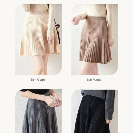 100% Merino Wool Mini Skirt Korean Women's AutumnWinter Fashionable Solid Color Elastic Waist Knitted Pleated Skirt PlatiNum