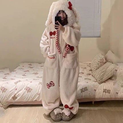 New Sweet and Cute Bow Rabbit One-piece Pajamas Women's Winter New Fleece Thickened Coral Fleece Large Size Loungewear Sleepwear