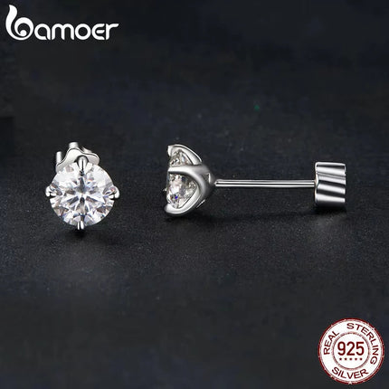 BAMOER Classic Moissanite Earrings, 925 Silver Brilliant 4 Prongs Round Cut Lab Created Diamond Wedding Engagement Earrings PlatiNum