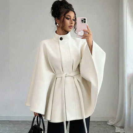 Elegant Women's Woolen Coat Autumn Winter Stand up Collar Cape Style Design Tie Waist Atmospheric Fashionable Ladies Outerwear