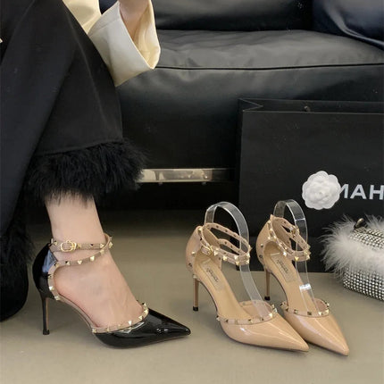 Sandali Donna alla Moda con Rivetti, Nuovo Stile Primavera 2026, Tacchi Alti con Cinturino Sottile, Eleganti Décolleté Color Nude per Estate Autunno platinumshop