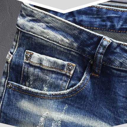 Street Designer Fashion Men Jeans Retro Blue Stretch Slim Fit Spliced Ripped Jeans Men Y2K Painted Vintage Denim Pants Hombre PlatiNum