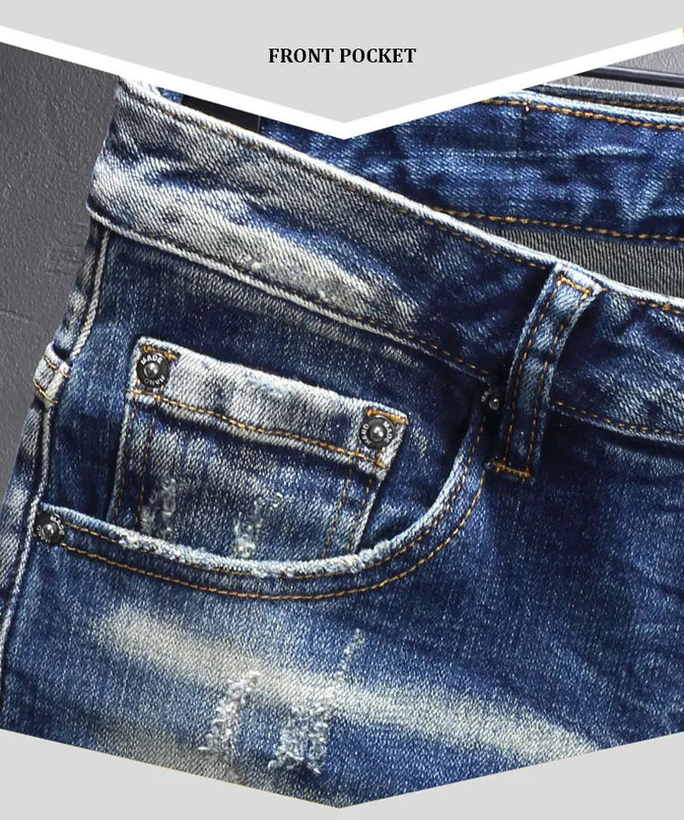 Street Designer Fashion Men Jeans Retro Blue Stretch Slim Fit Spliced Ripped Jeans Men Y2K Painted Vintage Denim Pants Hombre PlatiNum