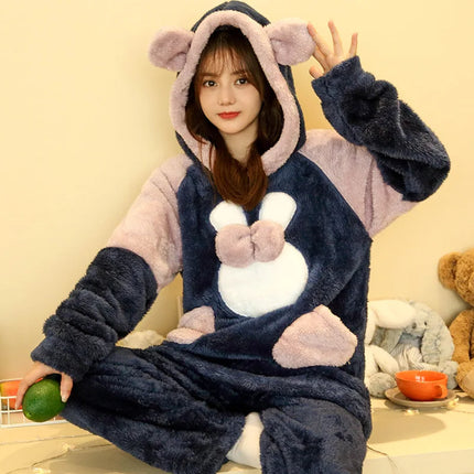 2024 New Plush Pajamas Set for Women Thick Hooded Women 2 Piece Clothes Set Cute Rabbit Women Pyjamas Coral Fleece Warm Homewear
