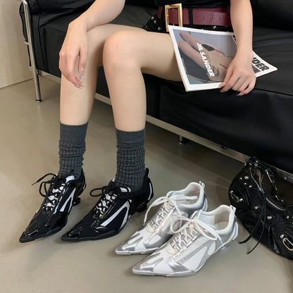 Low Heels Silver Shoes Women Pointed Toe Lace Up Sports Style High Heels Comfort Ladies Pumps Black Spring 2025 Shoes