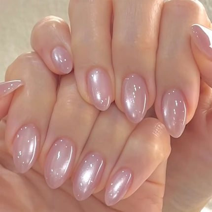 24Pcs Medium Almond Nude‑Pink 3D Textured Metallic Cat‑Eye French Sheer Press‑On False Nails For Nail Art Decor