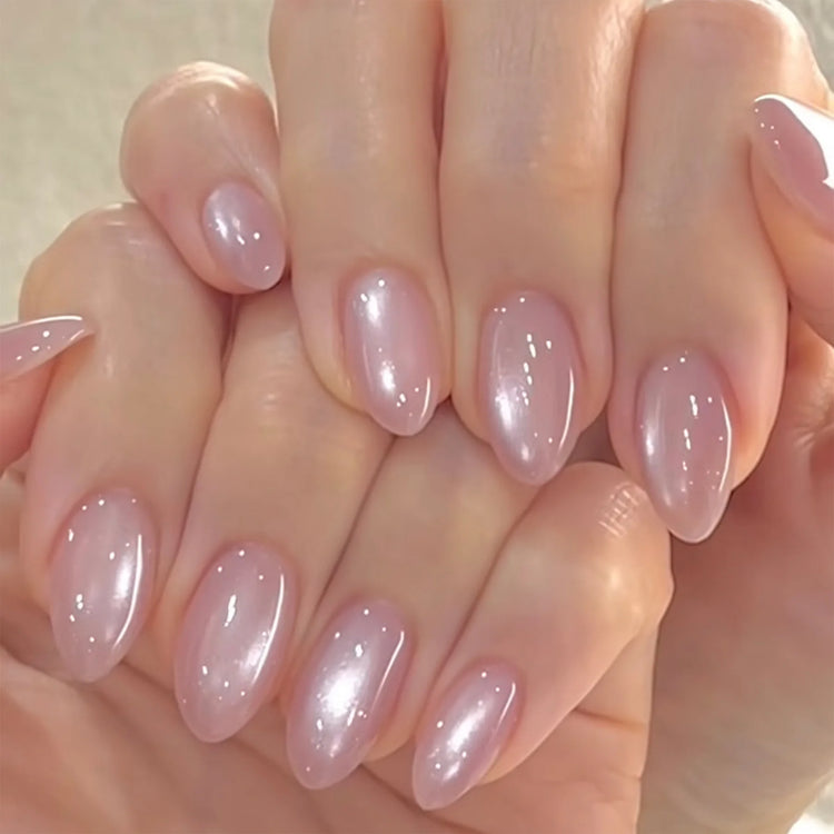 24Pcs Medium Almond Nude‑Pink 3D Textured Metallic Cat‑Eye French Sheer Press‑On False Nails For Nail Art Decor