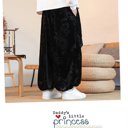 Pantaloni di velluto da uomo autunno inverno retrò drago stampa pantaloni larghi da uomo stile cinese pantaloni casual a gamba larga per uomo taglie forti 5XL