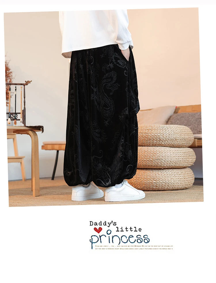 Pantaloni di velluto da uomo autunno inverno retrò drago stampa pantaloni larghi da uomo stile cinese pantaloni casual a gamba larga per uomo taglie forti 5XL