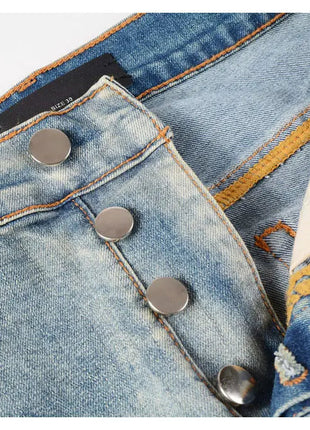 Designer High Street Fashion New Light Blue Men's Jeans Stretch Slimming White Leather Patch Hip Hop Brand Pants HombreY2K PlatiNum