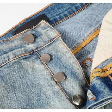 Designer High Street Fashion New Light Blue Men's Jeans Stretch Slimming White Leather Patch Hip Hop Brand Pants HombreY2K PlatiNum