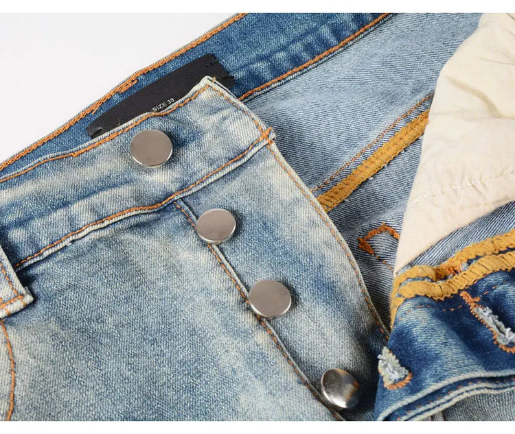 Designer High Street Fashion New Light Blue Men's Jeans Stretch Slimming White Leather Patch Hip Hop Brand Pants HombreY2K PlatiNum