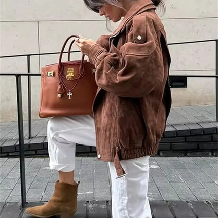 Women's Belt Short Suede Jackets Loose Lapel Long Sleeve Zipper Coats 2025 Spring Lady Vintage Female Outwear Street