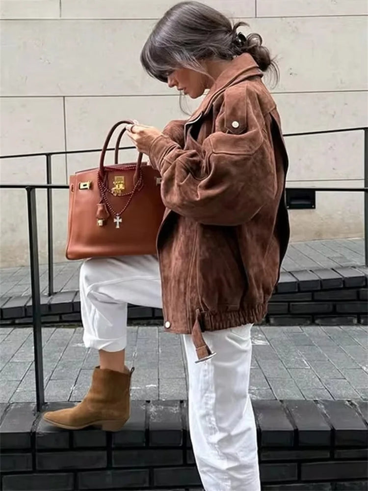 Women's Belt Short Suede Jackets Loose Lapel Long Sleeve Zipper Coats 2025 Spring Lady Vintage Female Outwear Street
