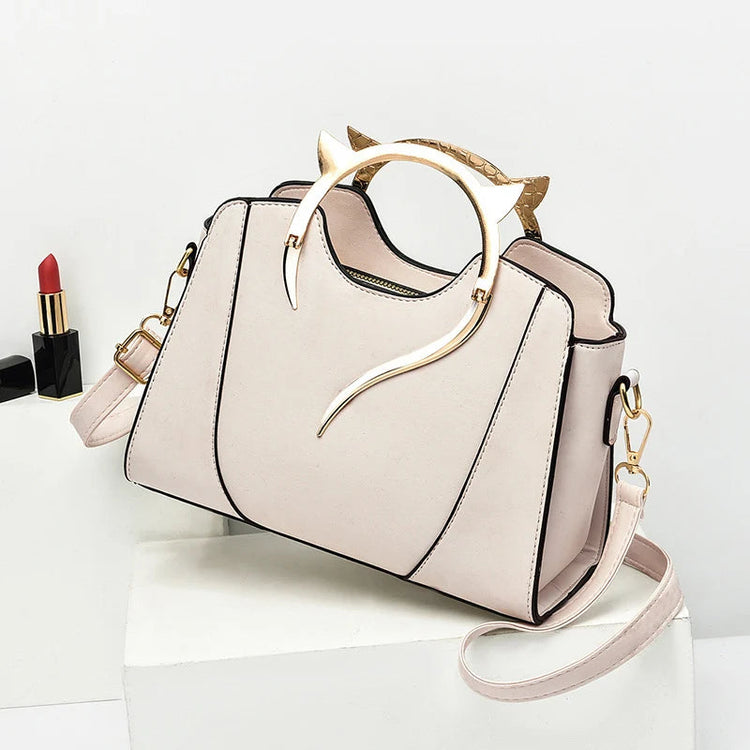 Cat Shaped Handle Women Handbag Trendy And Fashionable, Solid Color, Simple And Casual Crossbody Shoulder Shell Bag PlatiNum
