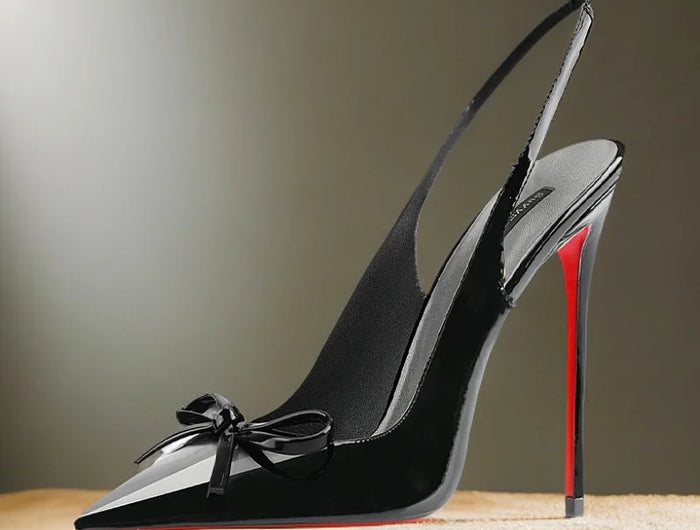 2025nuovo nero nudo vino rosso vernice a punta piccolo fiocco posteriore stile vuoto plus size fondo rosso socialite sandali col tacco alto