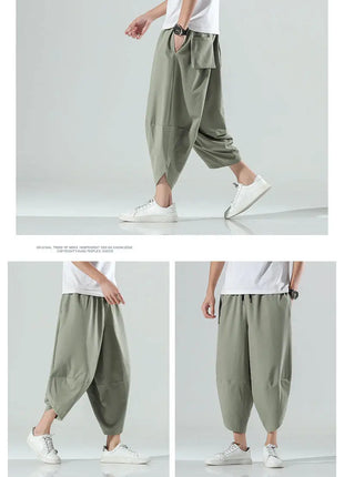 Pantaloncini Estivi da Uomo Stile Cinese Harajuku, Pantaloni Harem Oversize, Pantaloni Vintage Traspiranti a Tinta Unita, Lunghezza al Polpaccio